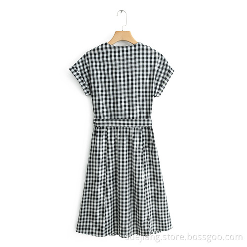 Women New Black White Plaid Lace-up Dress
